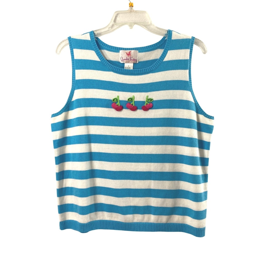 Quacker Factory Sweater Vest Women L Blue White Striped Cherry Crochet 3D Layer
